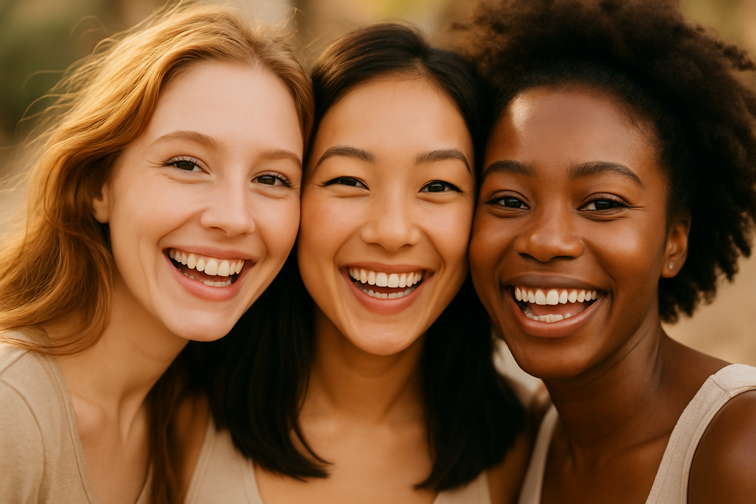Generate an image of 3 women's faces. One is White, one is Asian and one is African American. They are all are smiling and happy.  They all look young and exuberant. 