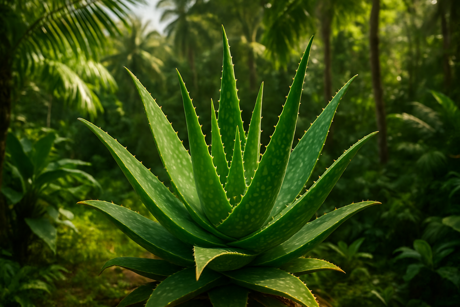 generate an image of an aloe plant in a realistic tropical background